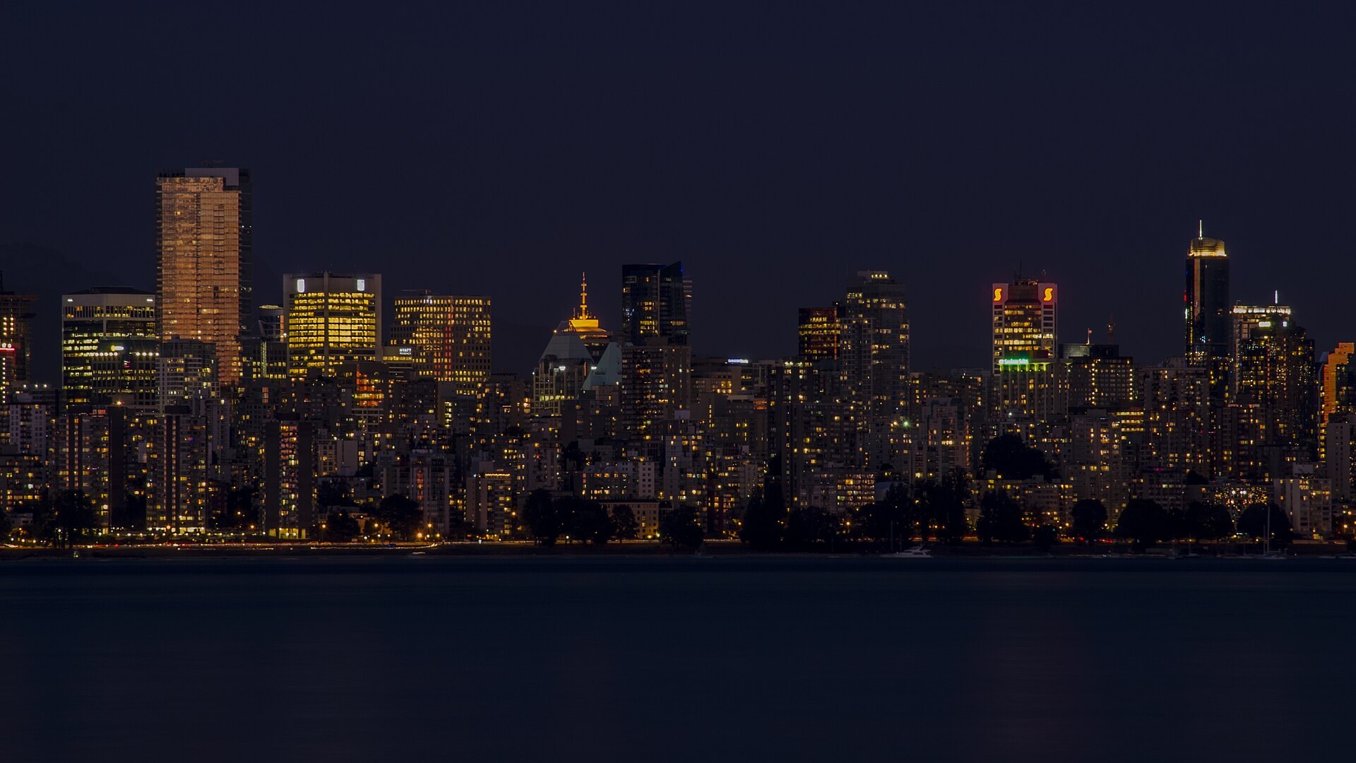 Vancouver downtown skyline at night across the water